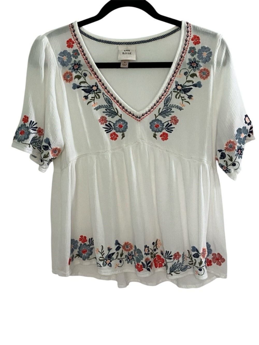 Knox Rose White V-Neck Embroidered Peasant Blouse Cottage Boho
Prairie Festival